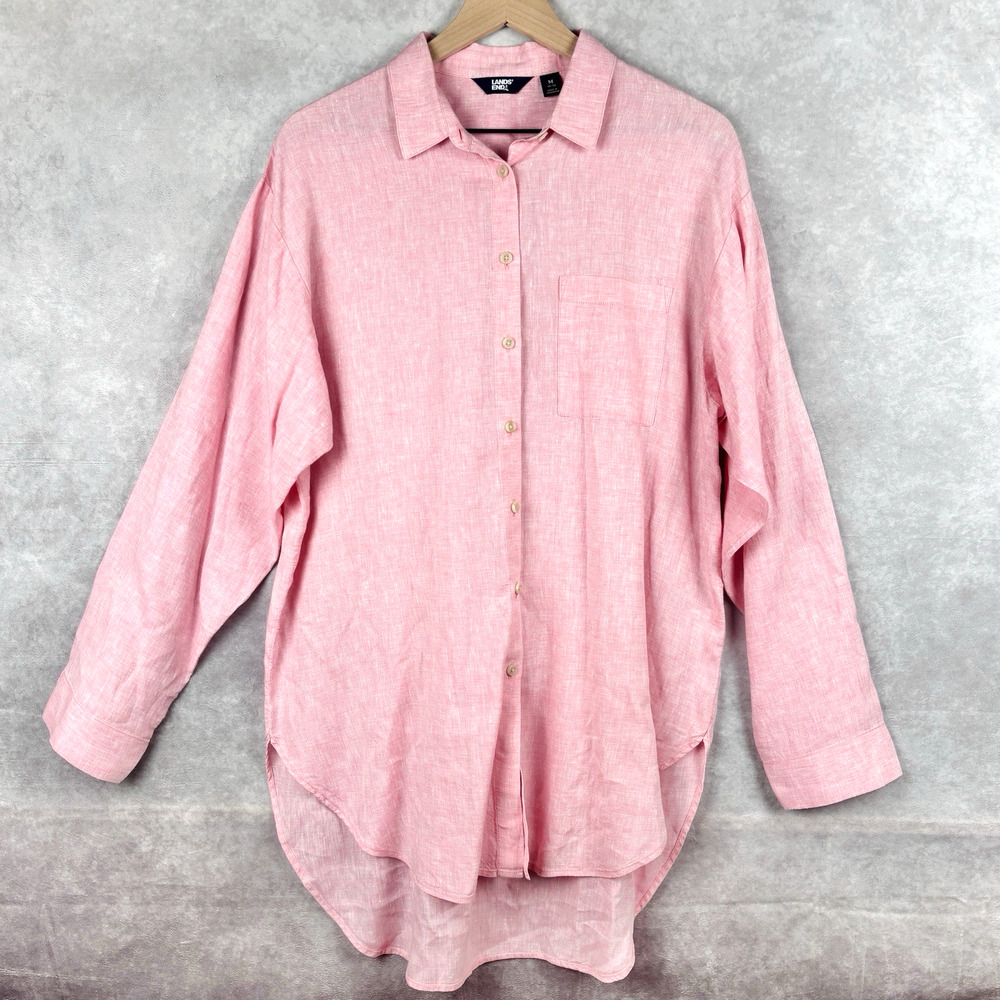 Lands End Womens 100% Linen Button Up Tunic Pink Lagenlook Coastal Size M 10-12